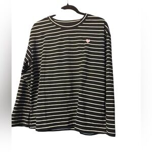 A New Day Women's Black White Stripe Long Sleeve Tee Embroidered Heart Size L